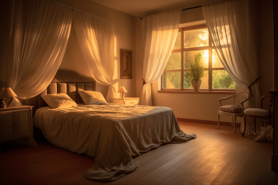 Ein elegantes Schlafzimmer mit einem glatt drapierten Leinen Bettlaken in der Mitte des Raumes. Das Bett ist stilvoll eingerichtet und von sanftem Tageslicht erhellt. Das Bild vermittelt Komfort, Eleganz und die Qualität des Leinen Bettlakens.