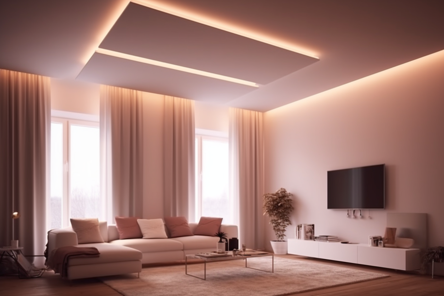 Ein modernes Wohnzimmer mit einem eleganten Wand LED Panel als zentralem Beleuchtungselement. Das Panel schafft eine warme und einladende Atmosphäre in einem stilvoll eingerichteten Raum.