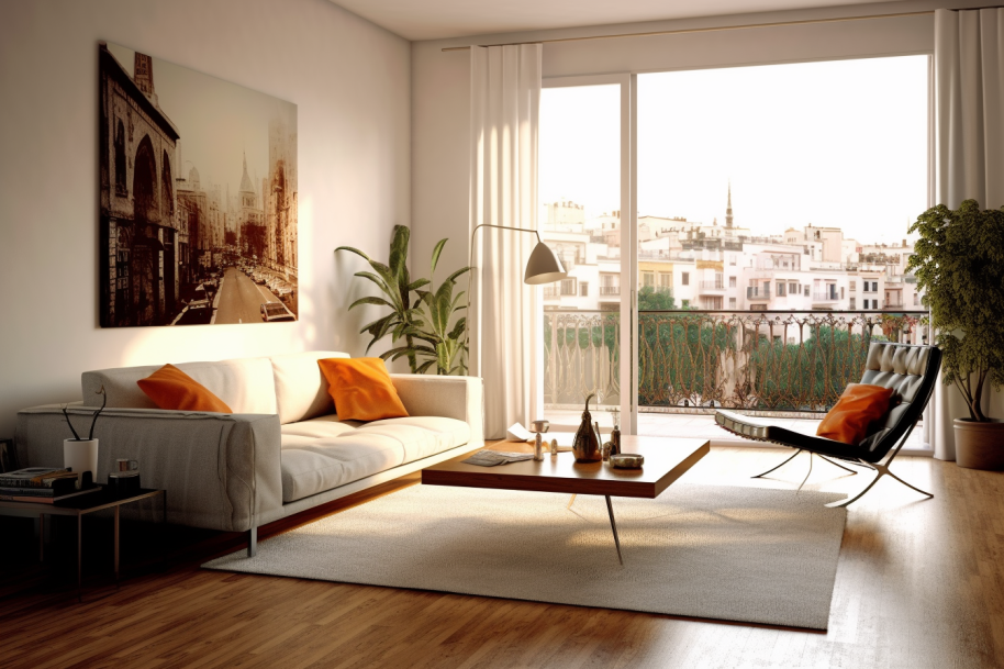 Ein eleganter Barcelona Hocker in einem stilvollen Wohnzimmer. Das hochwertige Möbelstück mit ikonischem Design verleiht dem Raum eine luxuriöse Atmosphäre.