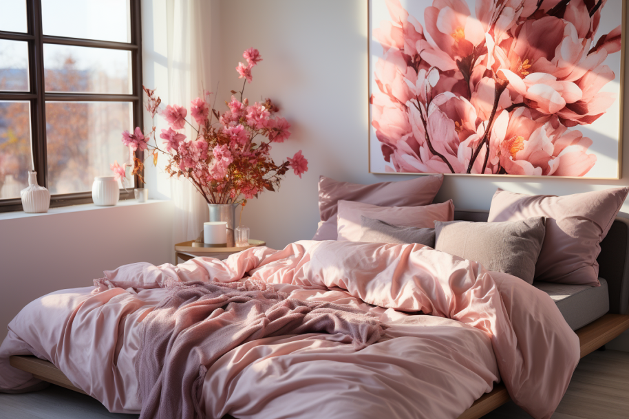 Ein traumhaftes Schlafzimmer mit einem perfekt drapierten Set aus einfarbiger Bettwäsche in beruhigender Farbe.