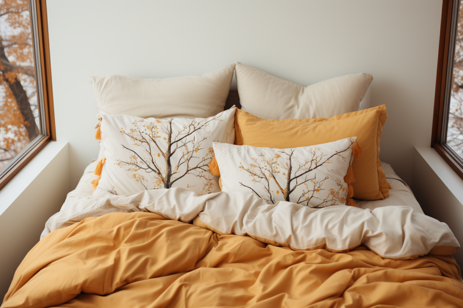 Stilvolle Wendebettwäsche auf einem eleganten Bett arrangiert. Die Bettwäsche zeigt ein vielseitiges Design und vermittelt Komfort und Stil