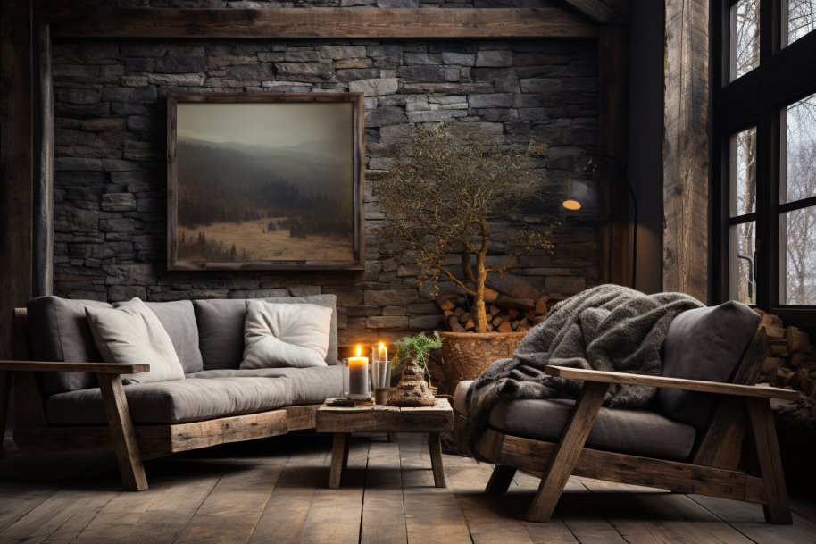 Ein stilvolles Wohnzimmer mit rustikalen Möbeln aus Altholz, die eine gemütliche Atmosphäre schaffen.