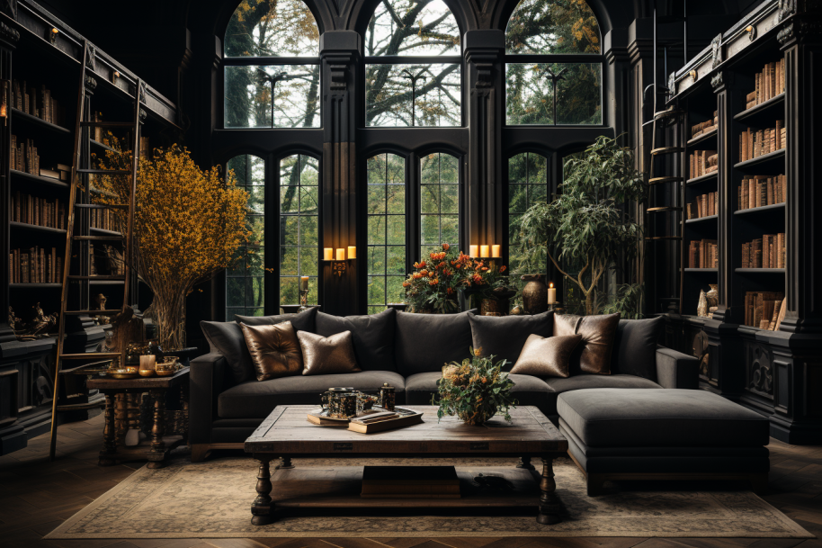 Ein stilvolles dunkles Wohnzimmer mit eleganten Möbeln, die eine zeitlose Eleganz ausstrahlen und den Raum geschmackvoll gestalten.